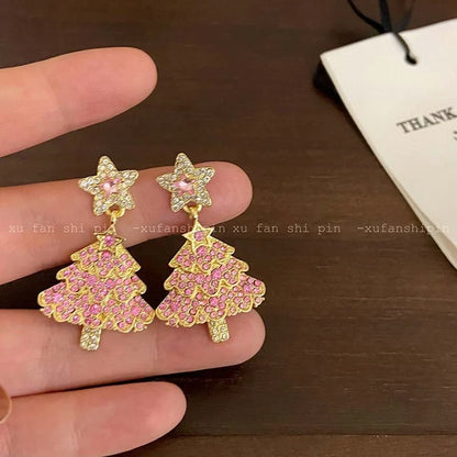 Pink Christmas tree shaped dangle earrings with sparkling zircon accents