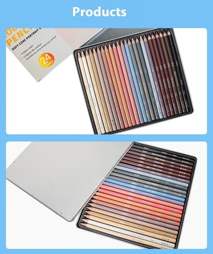 Set of 24 skin tone colour art pencils and HB refills in a round iron box brush pot.
