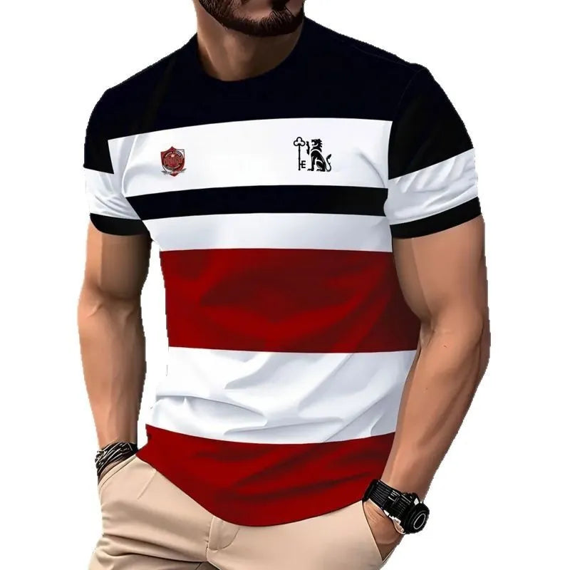 Men's striped casual T-shirt with digital 3D printing in loose fit short sleeve design