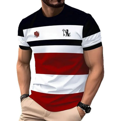 Men's striped casual T-shirt with digital 3D printing in loose fit short sleeve design