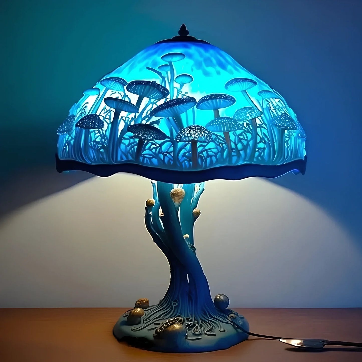 Coloured glass desk lamp with mushroom theme, 15-20cm height, plastic base