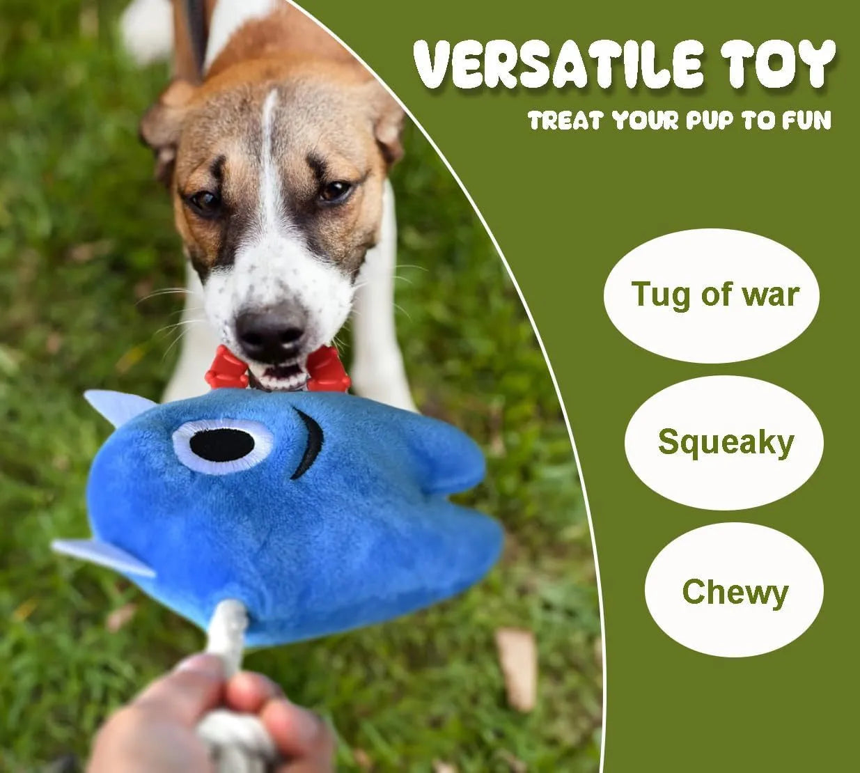 Blue and green plush dog toy with integrated cotton rope and squeaker for interactive play