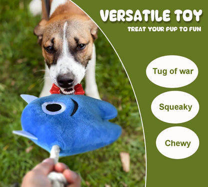 Blue and green plush dog toy with integrated cotton rope and squeaker for interactive play