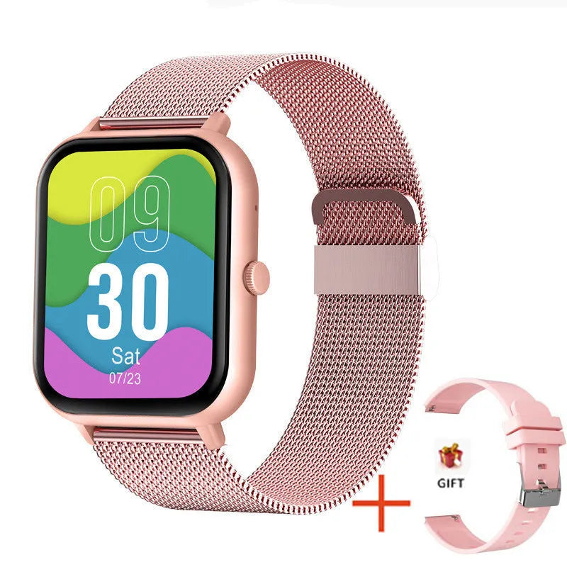 ZL54C smart watch on wrist showing health stats on AMOLED screen, with Milan steel strap option.