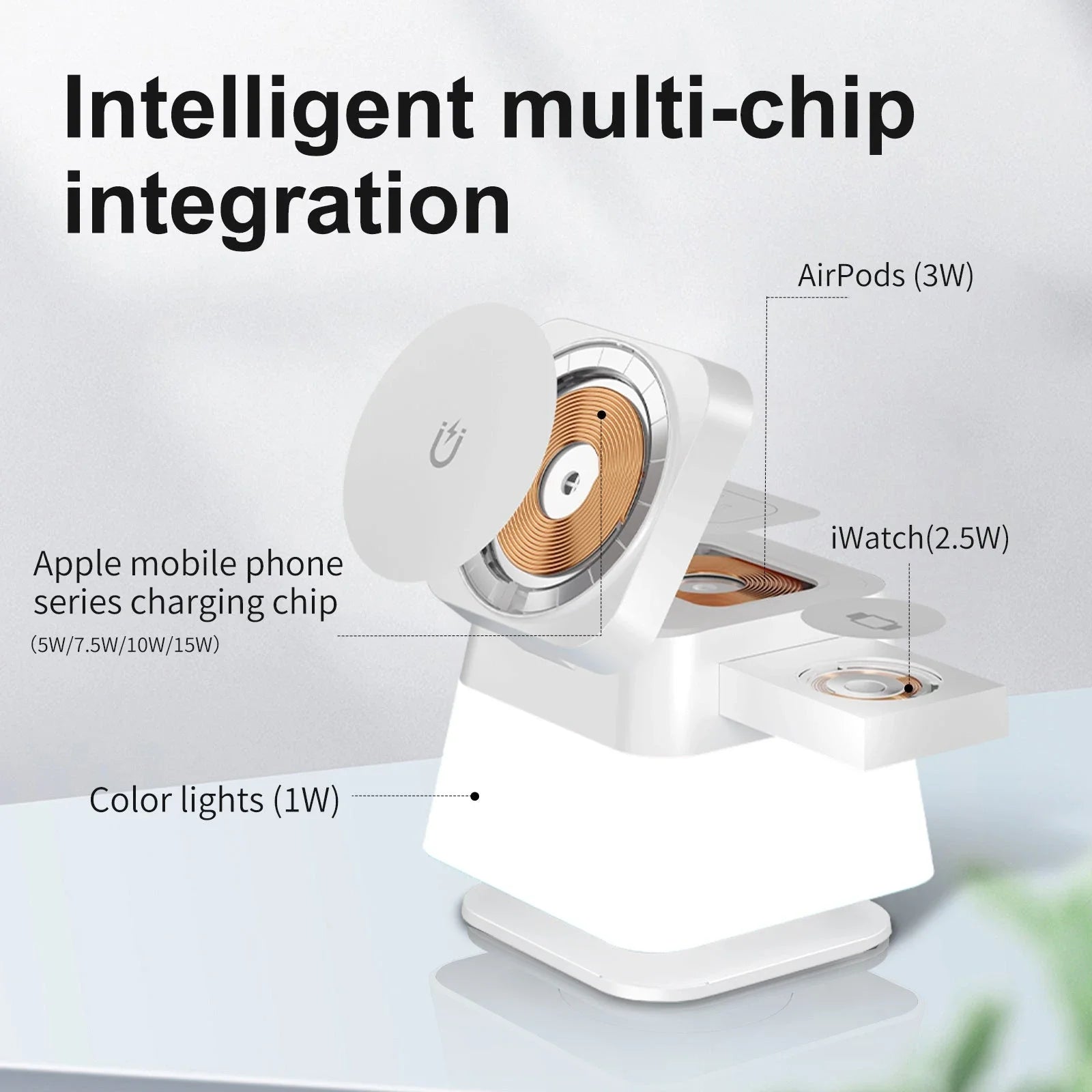 Versatile 4-in-1 wireless charging station with adjustable LED lighting for smartphone, smartwatch, and wireless earbuds