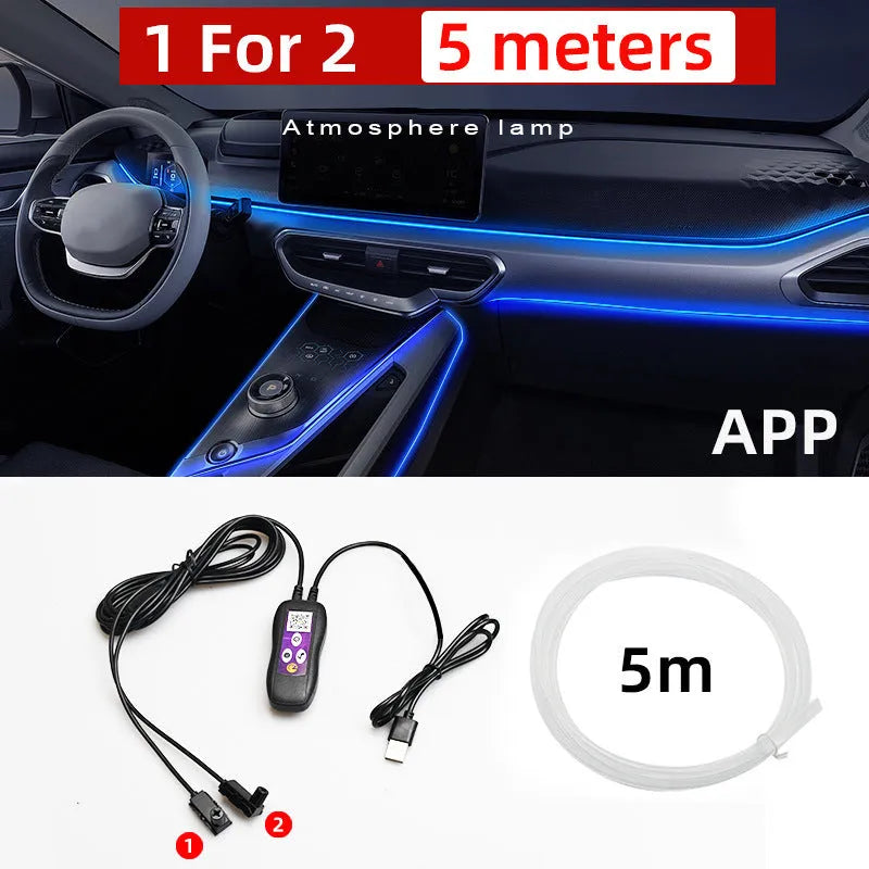 Flexible car LED ambient lighting strip installed on dashboard with USB power cable and colour-changing effects