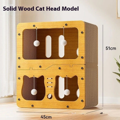 Double layer cat scratching board with owl design panel and integrated resting nest