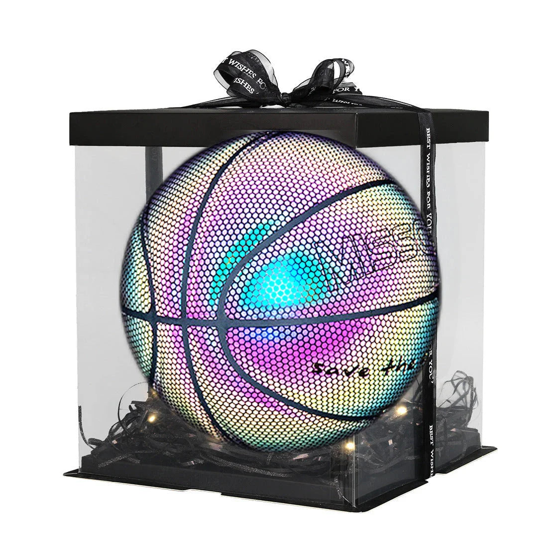 Glowing luminous basketball with mesmerizing rainbow, moon, and multicolored lighting effects for dazzling nighttime games