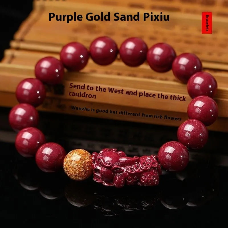 Purple gold sandstone and cinnabar totem bracelet with polished stone beads.