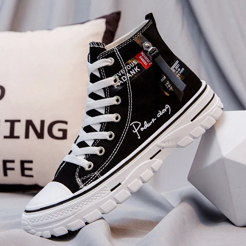 Men's high top canvas casual shoes with letter pattern, front lace-up, round toe, white green black, sizes 39-44