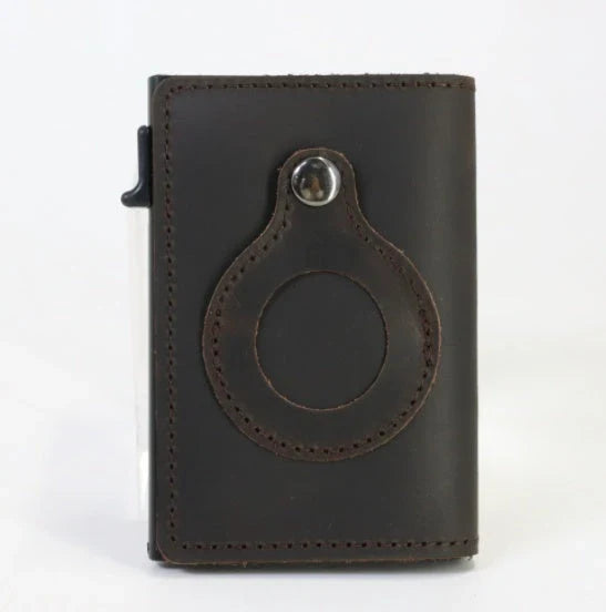 Slim leather wallet with built-in AirTag holder, featuring RFID-blocking technology and convenient card access
