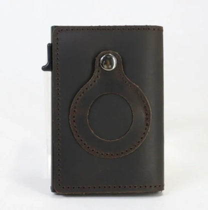 Slim leather wallet with built-in AirTag holder, featuring RFID-blocking technology and convenient card access