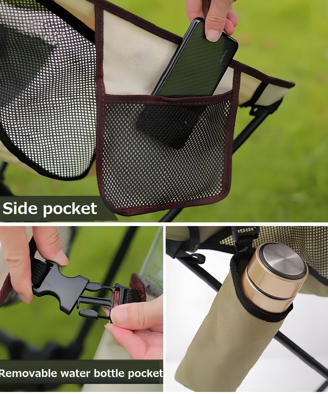 Army green outdoor folding chair with adjustable backrest and legs in reclined position on grass