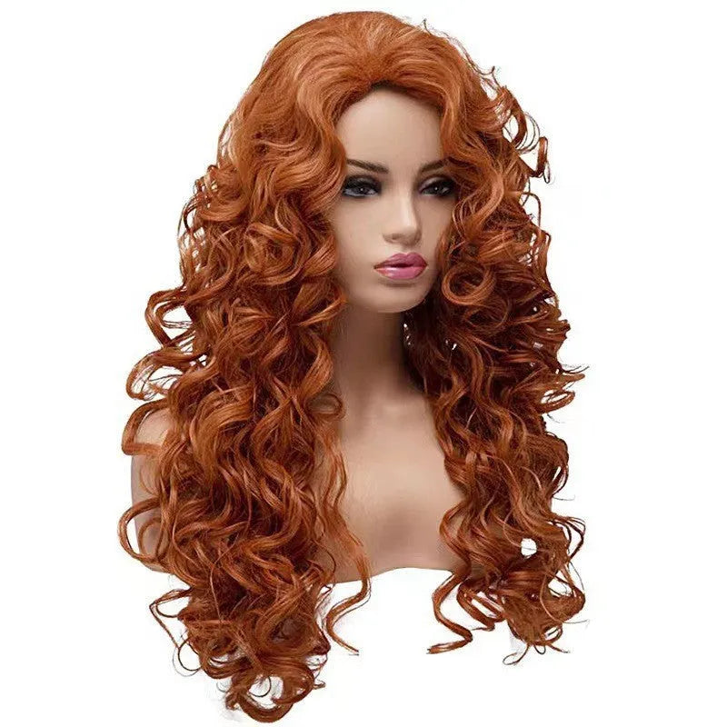 Long curly brown synthetic wig with a fluffy texture on a wig head.