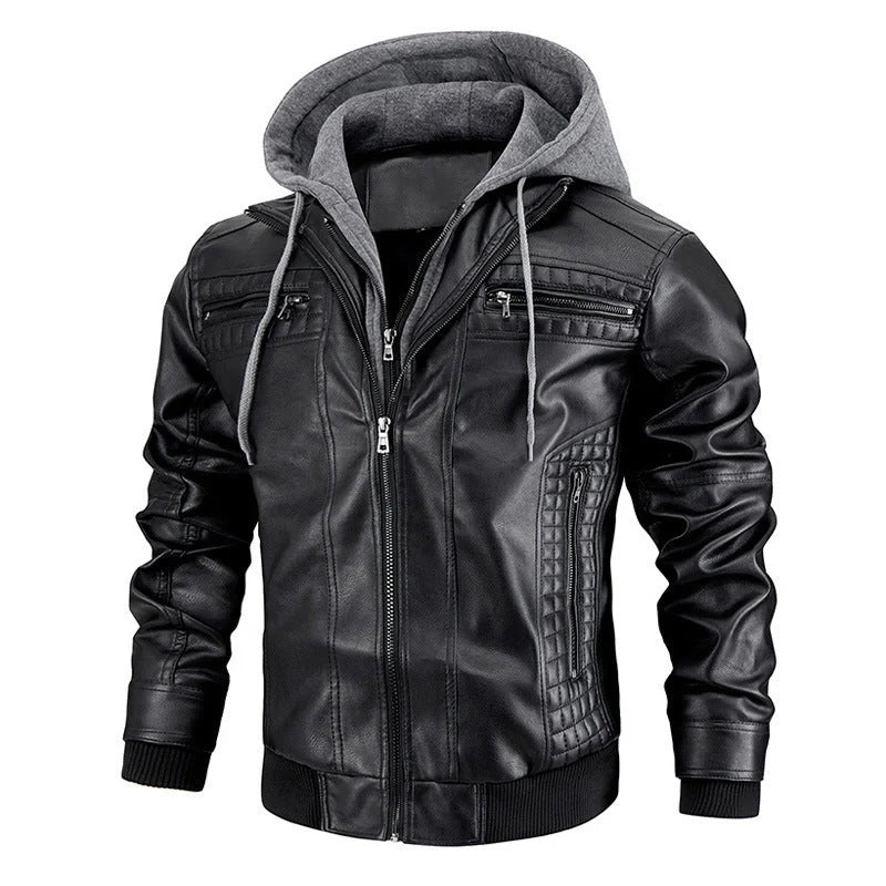 Men's black and brown hooded PU leather jacket with zipper pockets