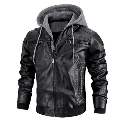Men's black and brown hooded PU leather jacket with zipper pockets