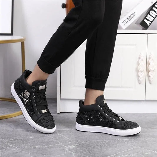 Men's black high-top skeleton shoes with genuine leather uppers, sheepskin lining, and rubber sole on a neutral background