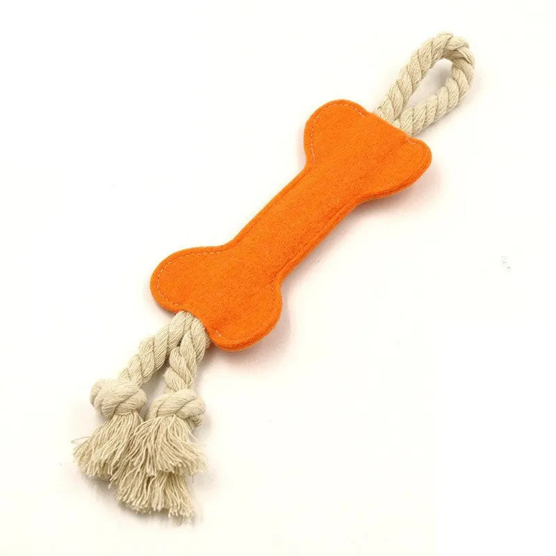 Durable felt bone shaped dog toy with rope knots, in blue colour, for chewing and puzzle play.