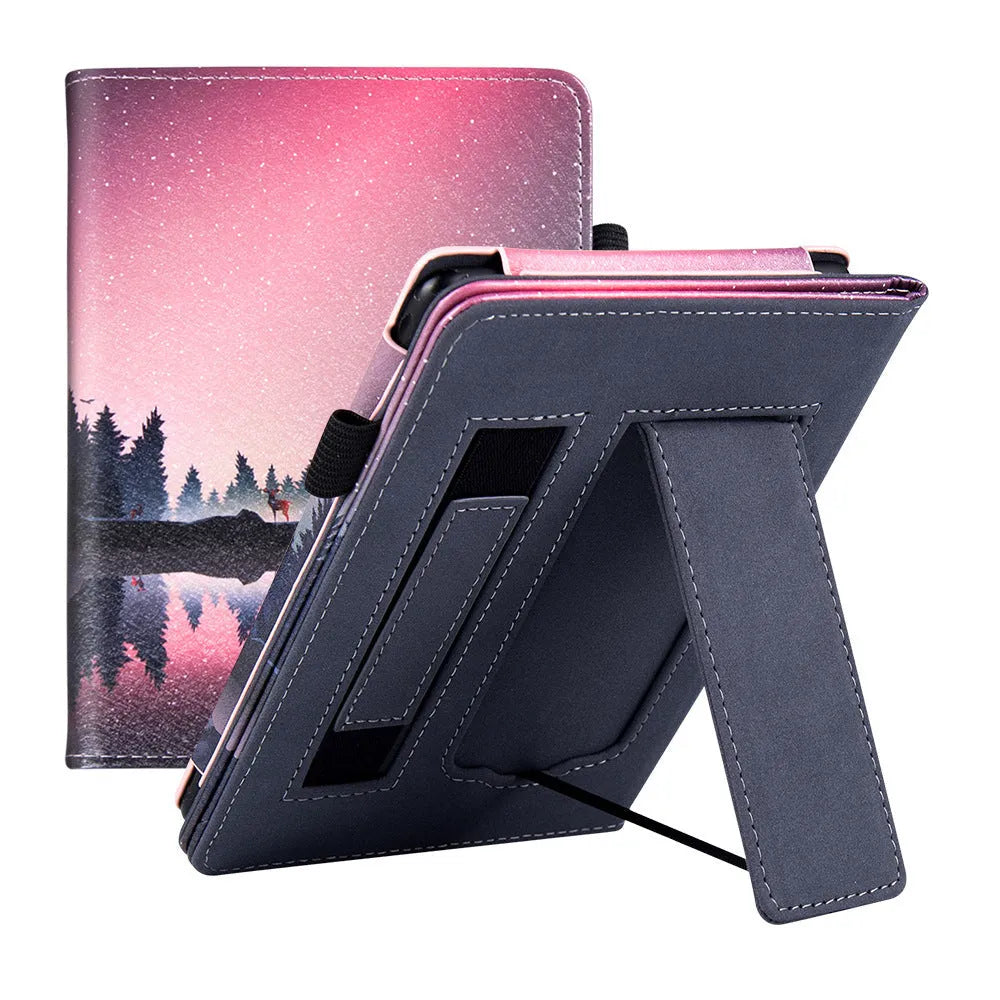 Leather case with wrist splint bracket for Kindle Paperwhite 5 e-reader in various colours and designs