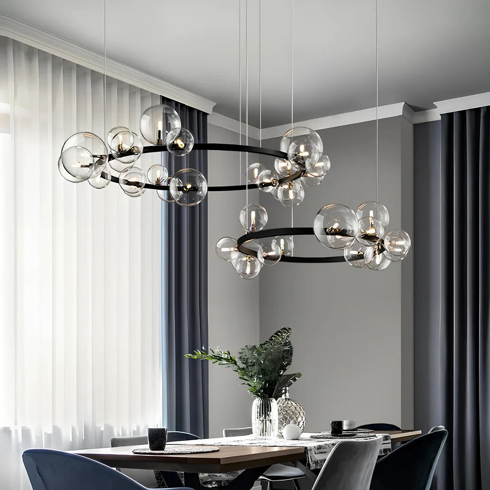 Glass ball chandelier with iron frame in spherical design, showing LED lighting and push-button switch