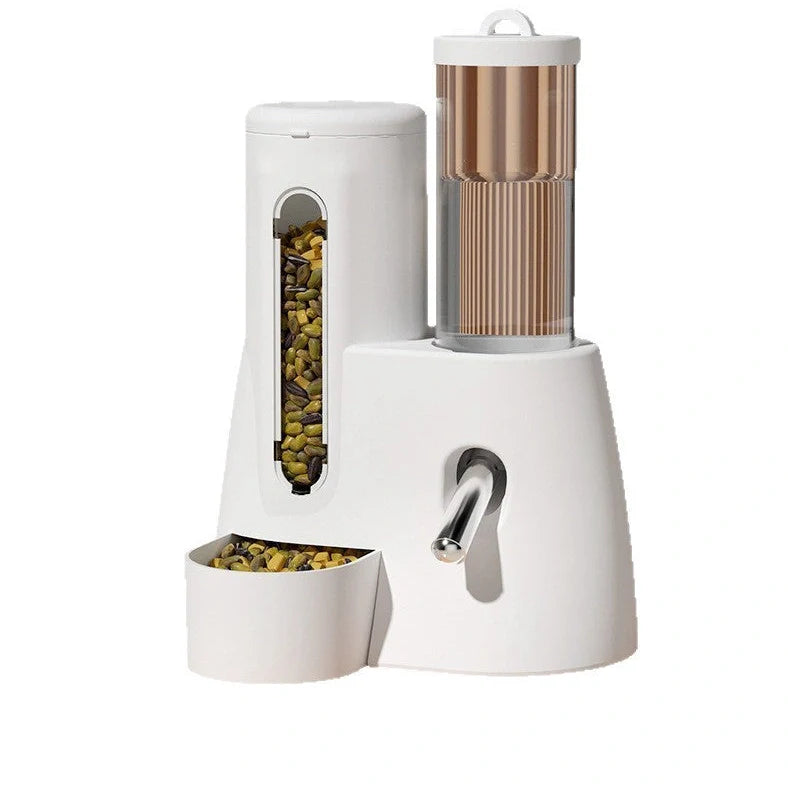 White hamster automatic water feeder with integrated food basin showing separate compartments