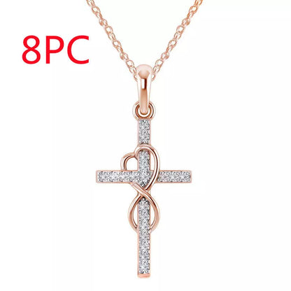Alloy pendant necklace with diamond and eight-character cross design in gold, silver, and rose gold