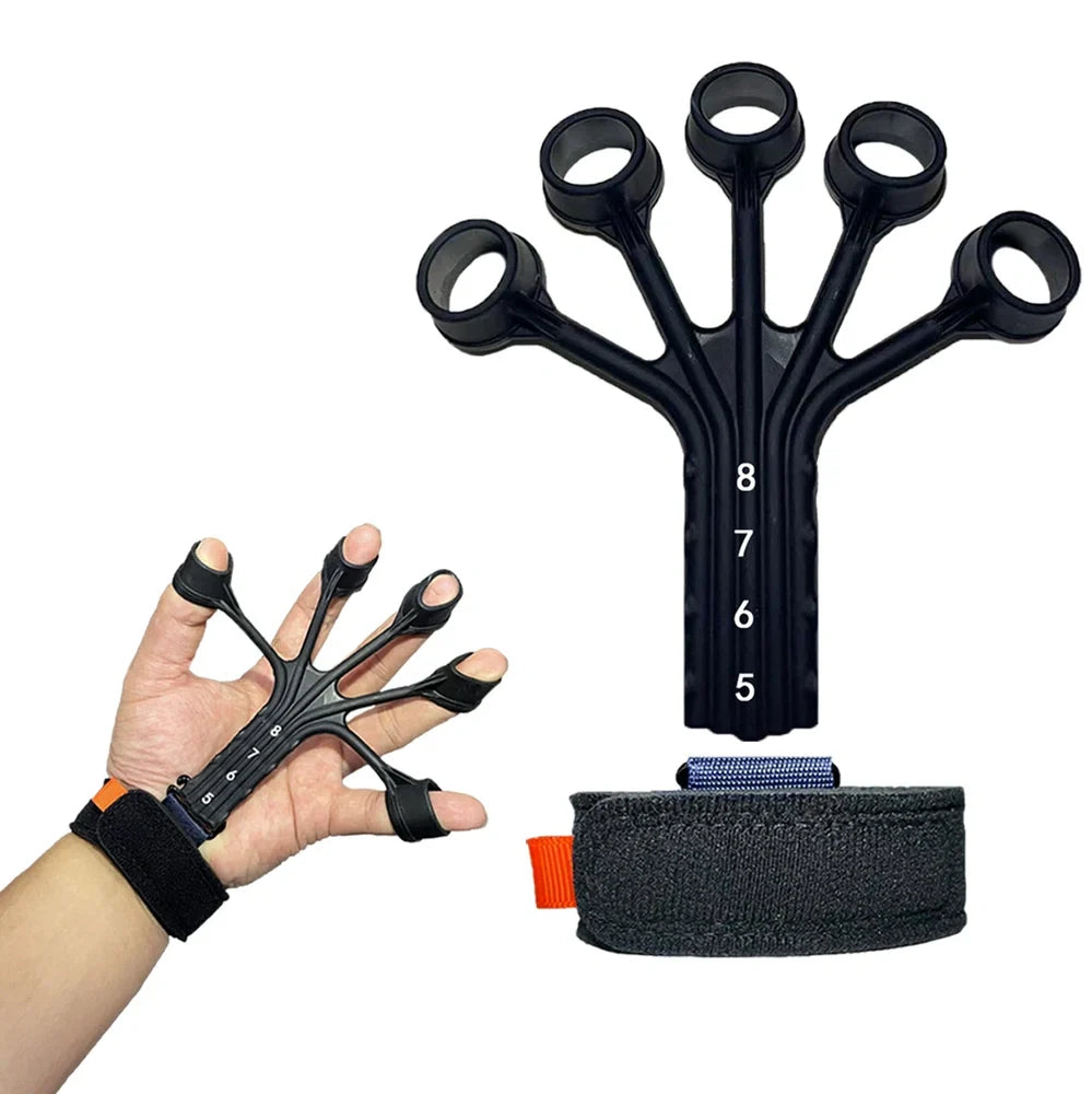 Black silicone finger rehabilitation trainer with adjustable resistance belt for hand exercises