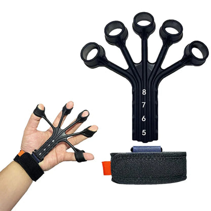 Black silicone finger rehabilitation trainer with adjustable resistance belt for hand exercises