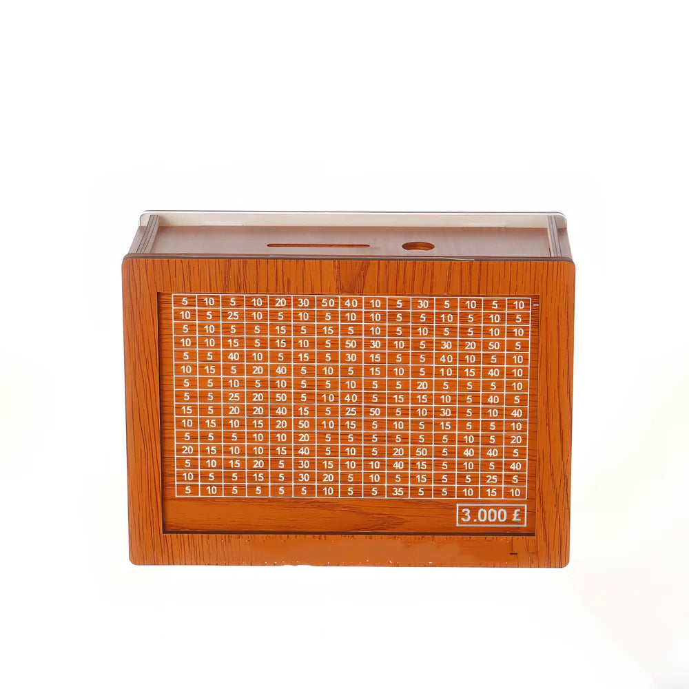 Wooden piggy bank with coin counter and side opening mechanism measuring 20cm