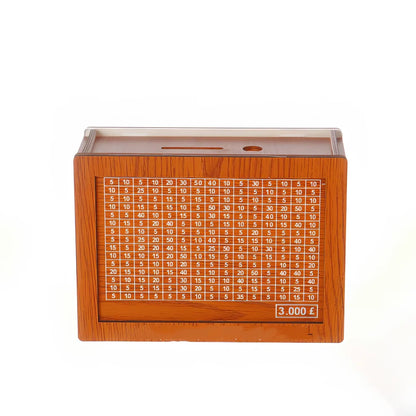 Wooden piggy bank with coin counter and side opening mechanism measuring 20cm