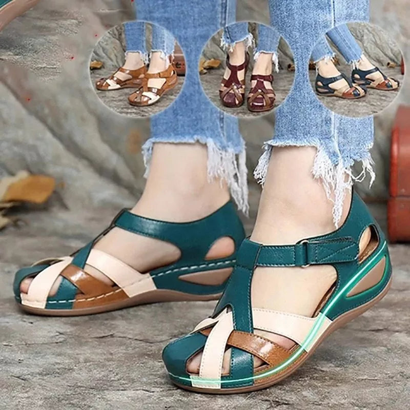 Women's waterproof summer sandals with mixed-color design and wedge heel
