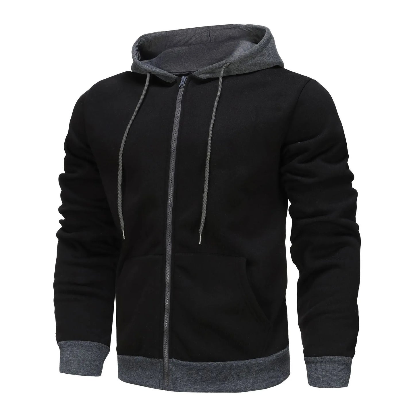 Men's black zip-up hoodie cardigan with a fleece lining, shown with the hood up.