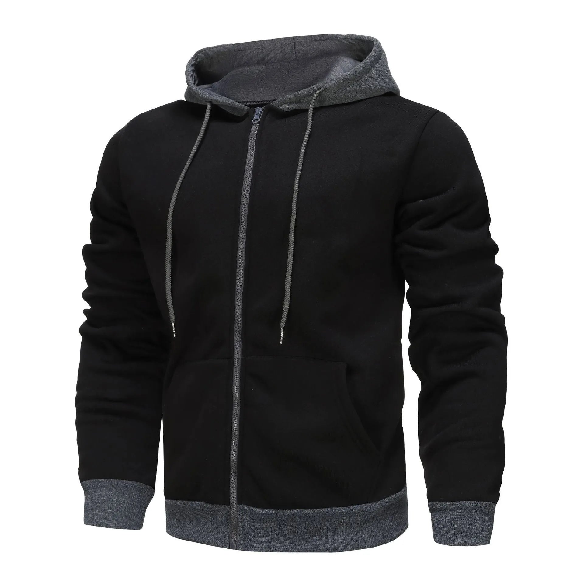Men's black zip-up hoodie cardigan with a fleece lining, shown with the hood up.
