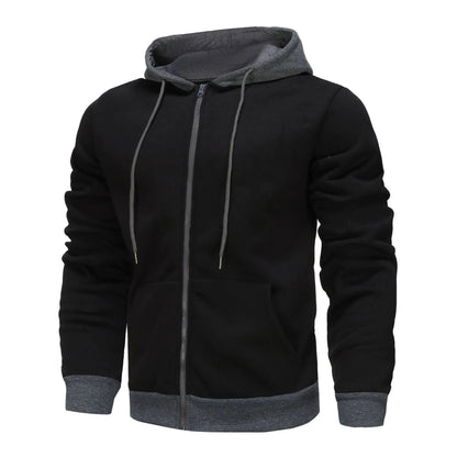 Men's black zip-up hoodie cardigan with a fleece lining, shown with the hood up.