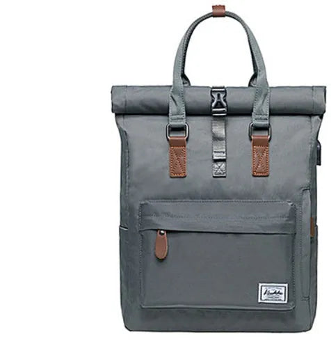 Casual polyester backpack with cover opening showing internal computer pocket and zippered compartment
