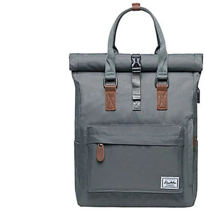 Casual polyester backpack with cover opening showing internal computer pocket and zippered compartment