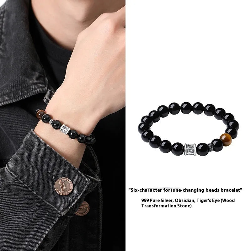 Men's black obsidian prayer wheel bracelet with hand-woven construction and 10mm beads