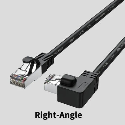 Black Cat6 Ethernet cable with a right-angled metal RJ45 connector plugging into a network switch port.