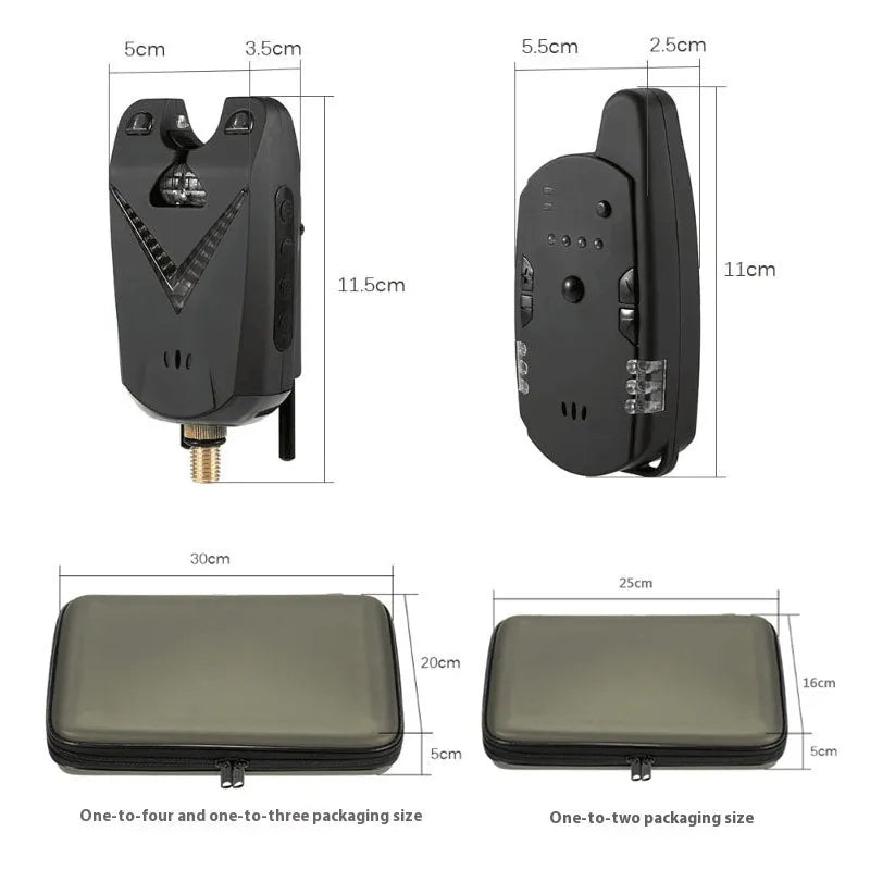 Wireless fishing electronic alarm with ABS plastic housing and remote receiver.
