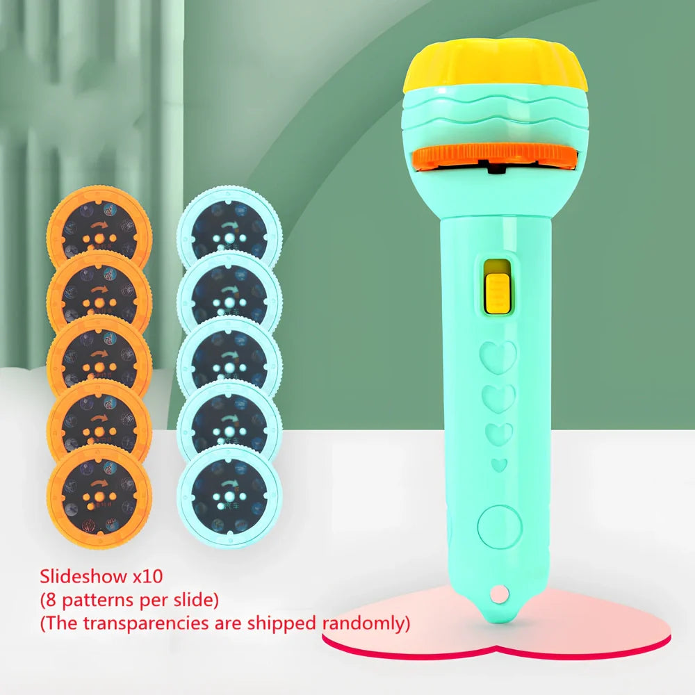 Red plastic cartoon projection flashlight showing rotating lens for 80 pattern changes