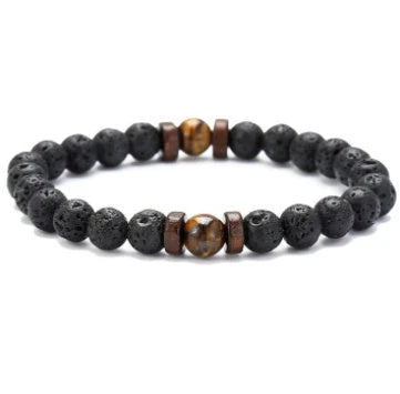 Stylish men's bracelet made with natural volcanic stone, flash stone, and wood chip in a geometric, mosaic-like design