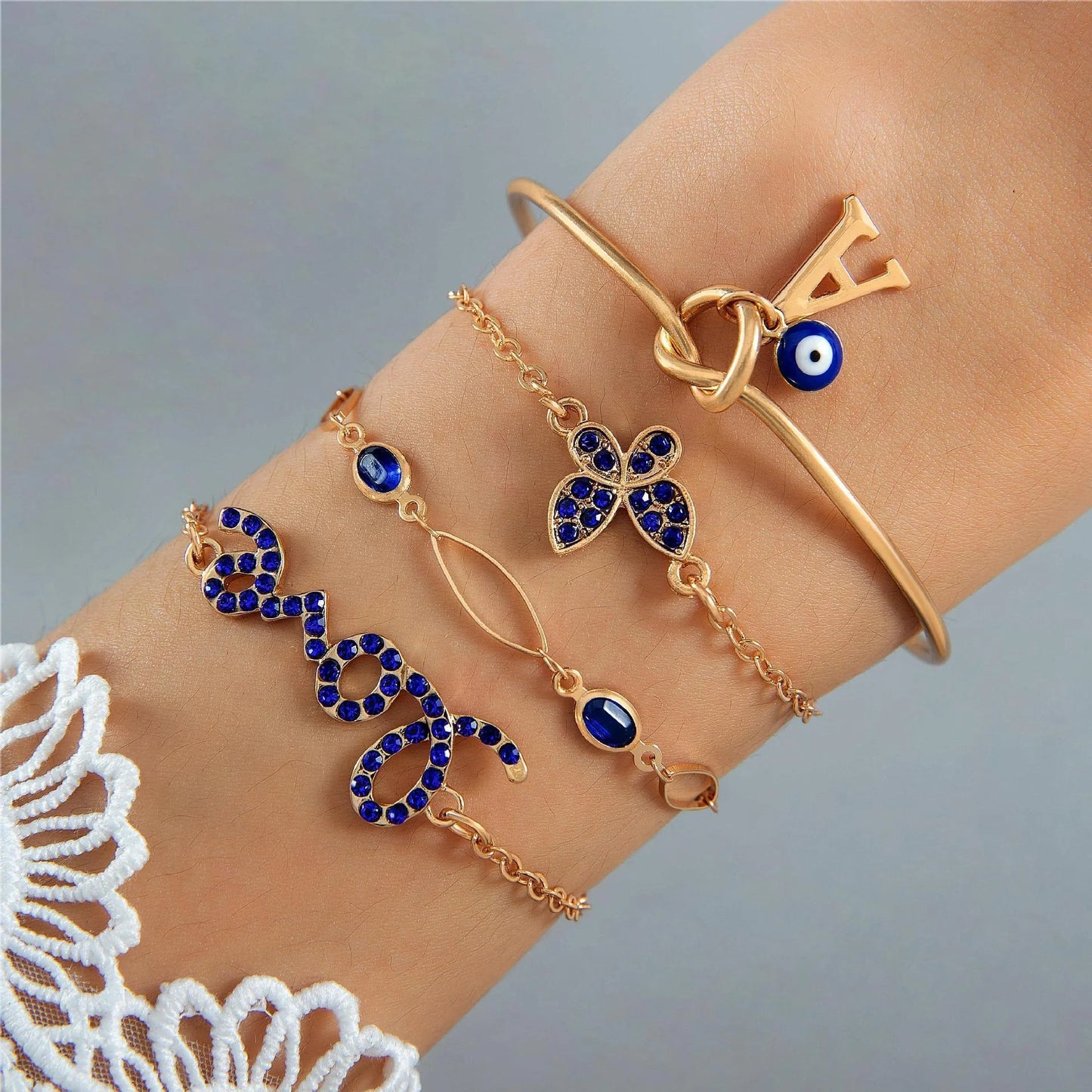 4-piece blue flower love butterfly bracelet set with rhinestones, perfect for Valentine's Day