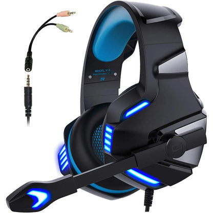 Inzhuo V3 wired over-ear gaming headset with 50mm speakers, 3.5mm plug, braided cable, black blue and black red colours