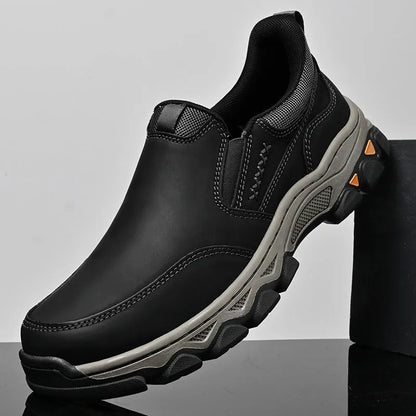 Men's casual leather-style shoes with rubber soles in dark brown, black, or grey colours