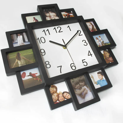 16-inch square black metal wall clock with silent quartz movement and pointer display