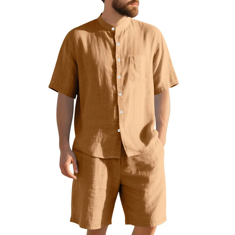 Men's light blue linen blend summer suit with short sleeve Henry collar jacket and matching shorts