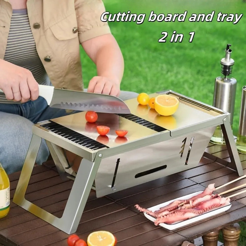 Small foldable charcoal grill collapsed to 40cm size with charcoal tray