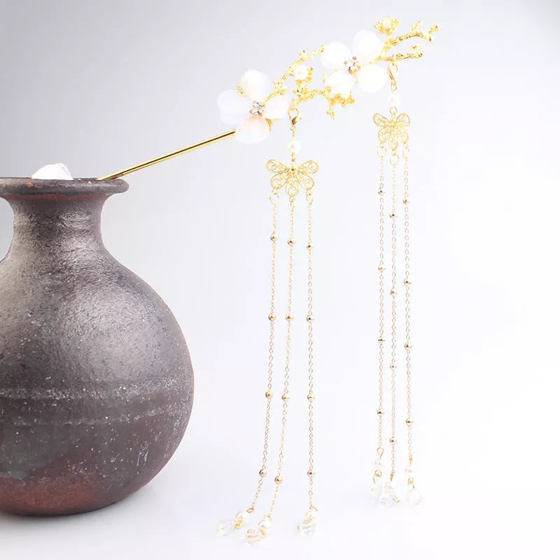 Hanfu Plum Blossom Branch Tassel Hairpin in gold and silver, traditional Chinese hair accessory