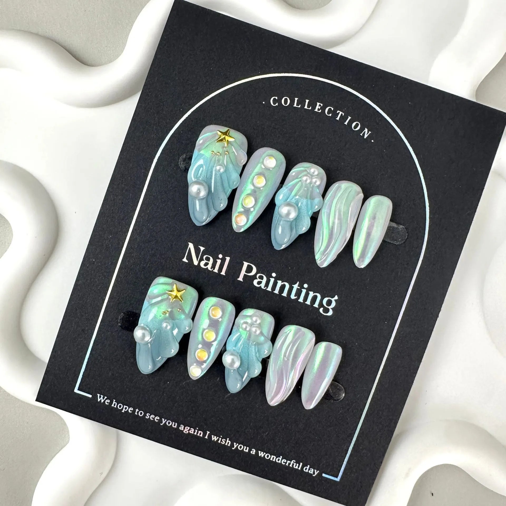HAILANG blue shell design plastic false nail tips in sizes XS S M L
