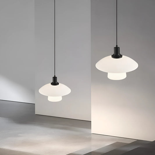 Black glass bedside droplight pendant with three-colour light setting, 120mm compact size